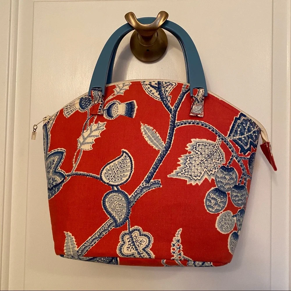 CHARLOTTE HORNER BAG SATCHEL RED BLUE FABRIC USA ARTISAN 2 HANDLE ZIP TOP